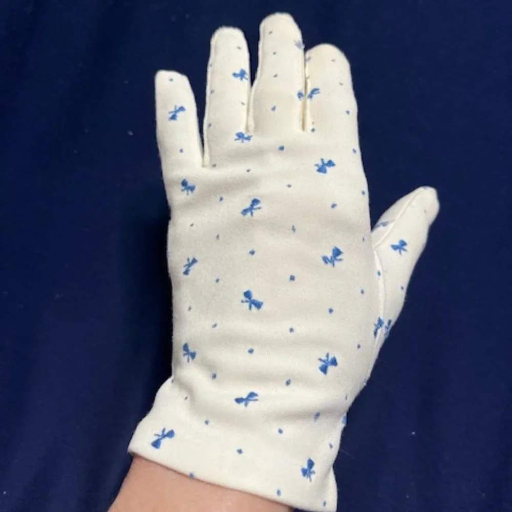 VTG Dressy White w/Blue Embroidered Ribbons Wristlet Gloves Stretchable OS